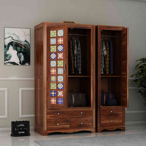 Dotwork Solid Sheesham Wood Wardrobe Set (With Mirror, Natural Finish)