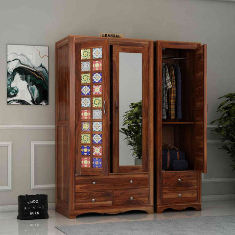 Dotwork Solid Sheesham Wood Wardrobe Set (With Mirror, Natural Finish)