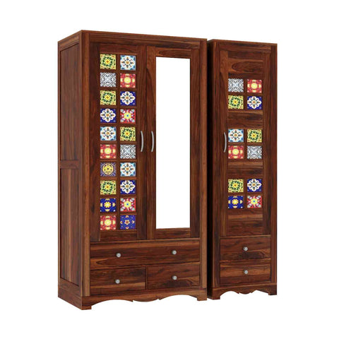 Dotwork Solid Sheesham Wood Wardrobe Set (With Mirror, Natural Finish)