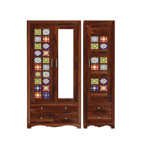 Dotwork Solid Sheesham Wood Wardrobe Set (With Mirror, Natural Finish)