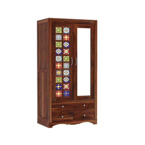 Dotwork Solid Sheesham Wood Wardrobe Set (With Mirror, Natural Finish)