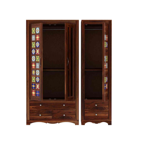 Dotwork Solid Sheesham Wood Wardrobe Set (With Mirror, Natural Finish)