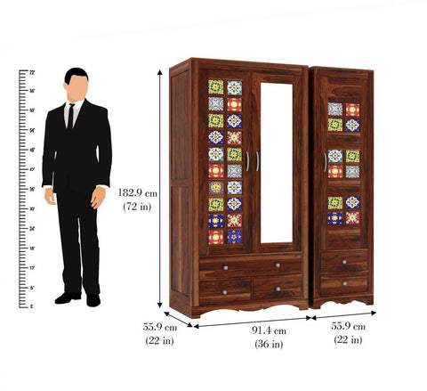 Dotwork Solid Sheesham Wood Wardrobe Set (With Mirror, Natural Finish)