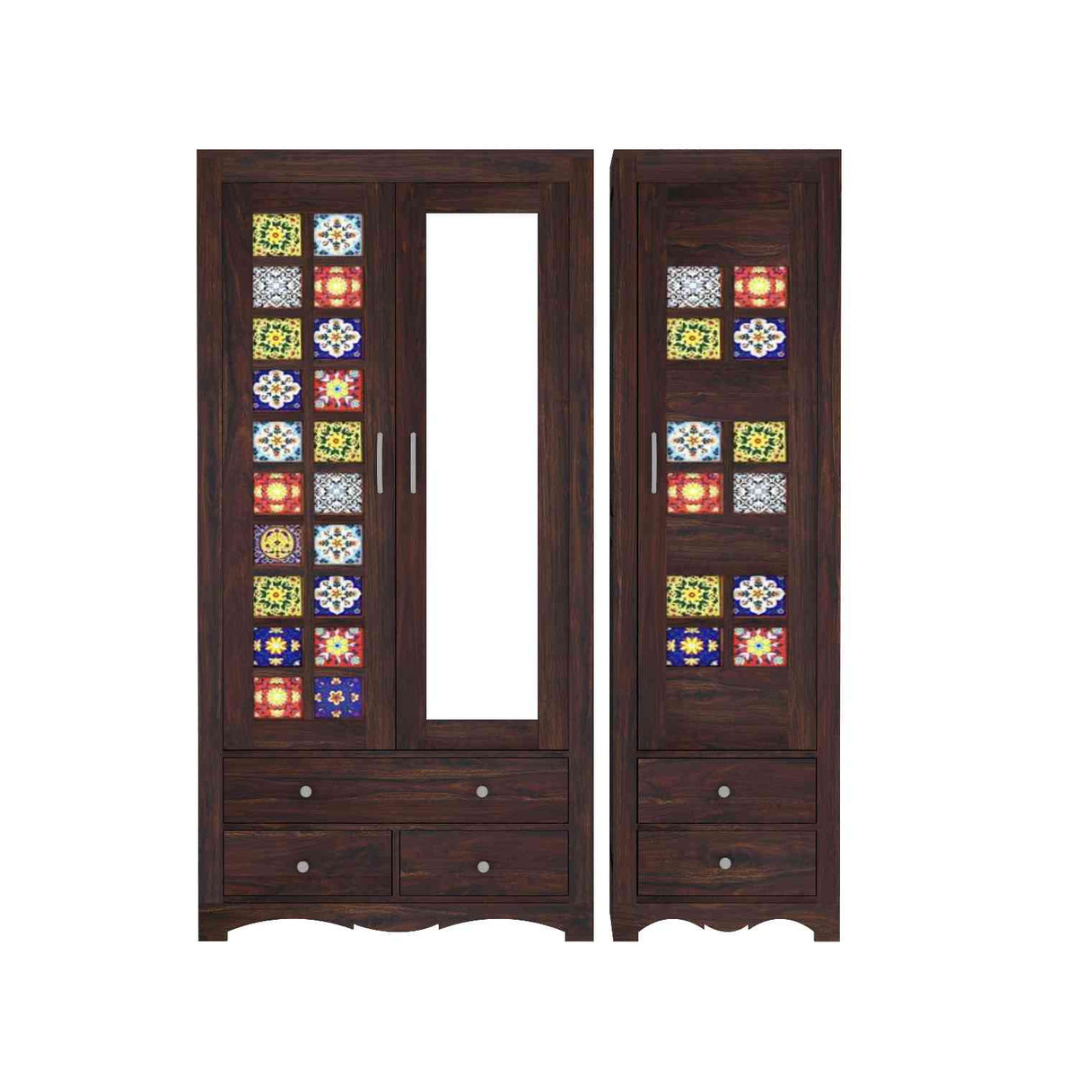 Dotwork Solid Sheesham Wood Wardrobe Set (With Mirror, Walnut Finish)