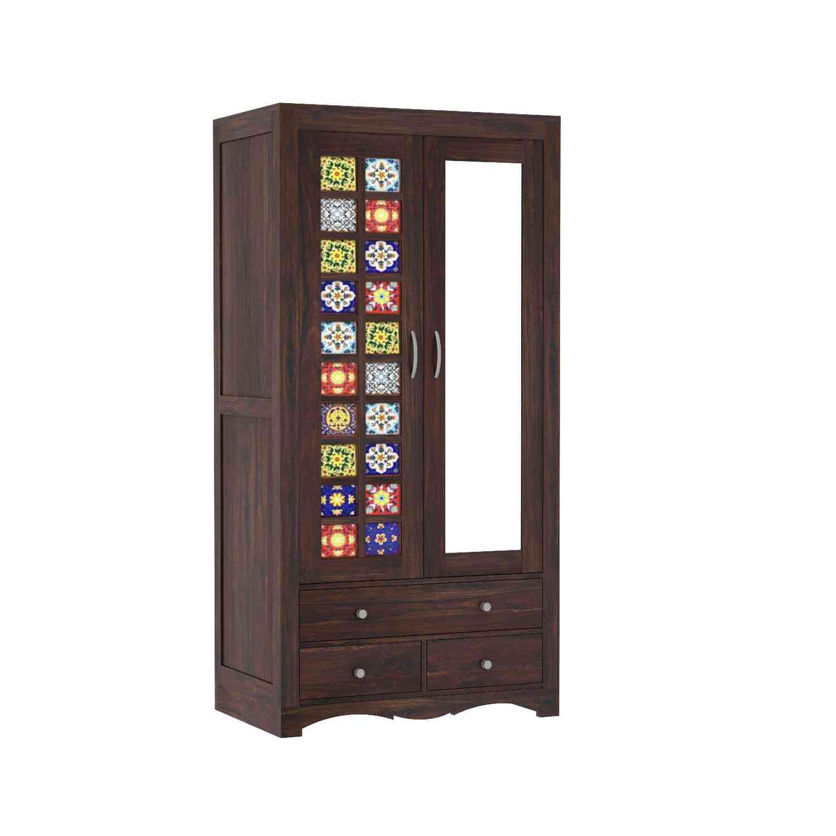 Dotwork Solid Sheesham Wood Wardrobe Set (With Mirror, Walnut Finish)