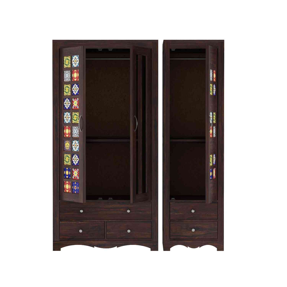 Dotwork Solid Sheesham Wood Wardrobe Set (With Mirror, Walnut Finish)