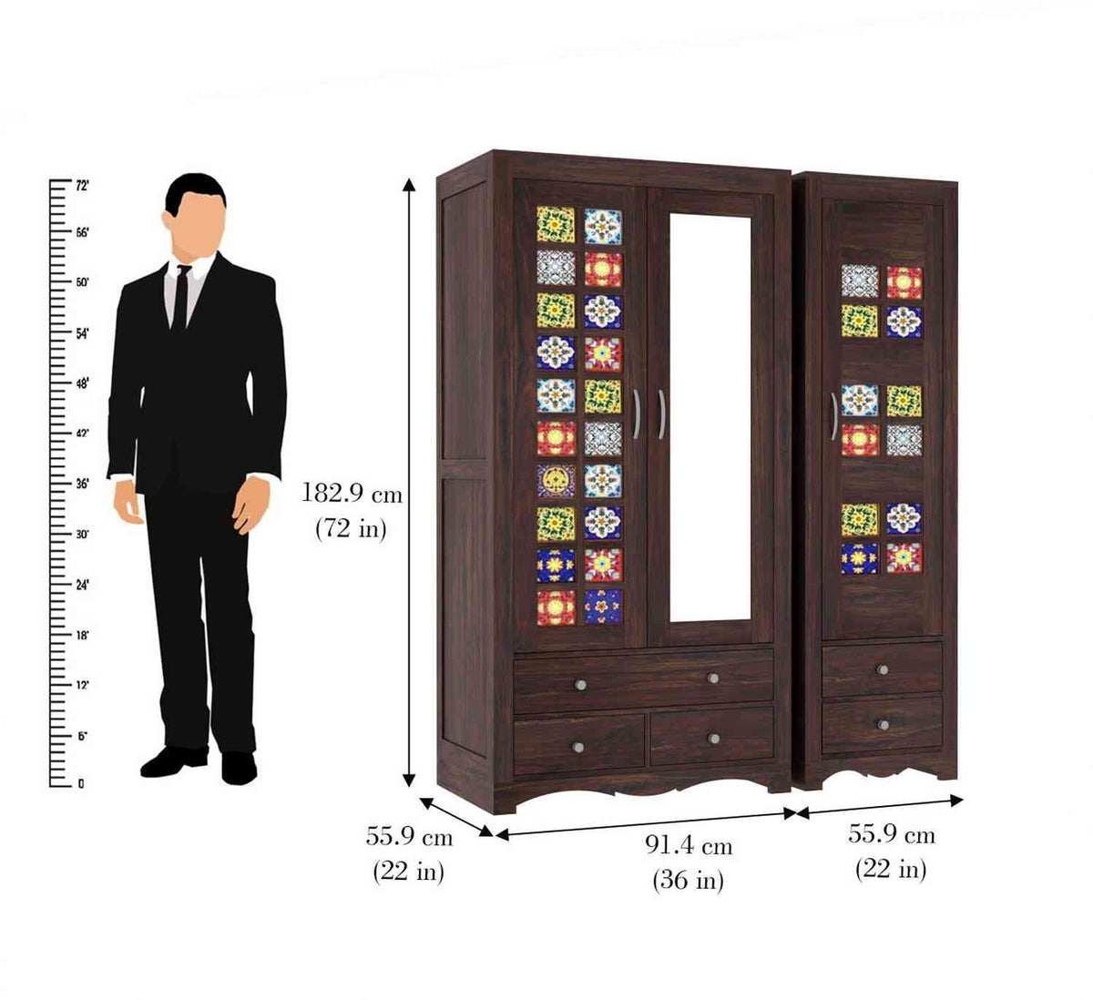 Dotwork Solid Sheesham Wood Wardrobe Set (With Mirror, Walnut Finish)