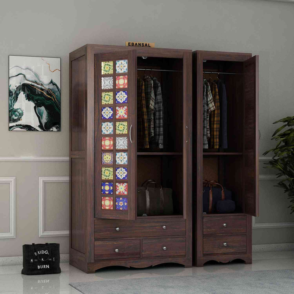 Dotwork Solid Sheesham Wood Wardrobe Set (With Mirror, Walnut Finish)