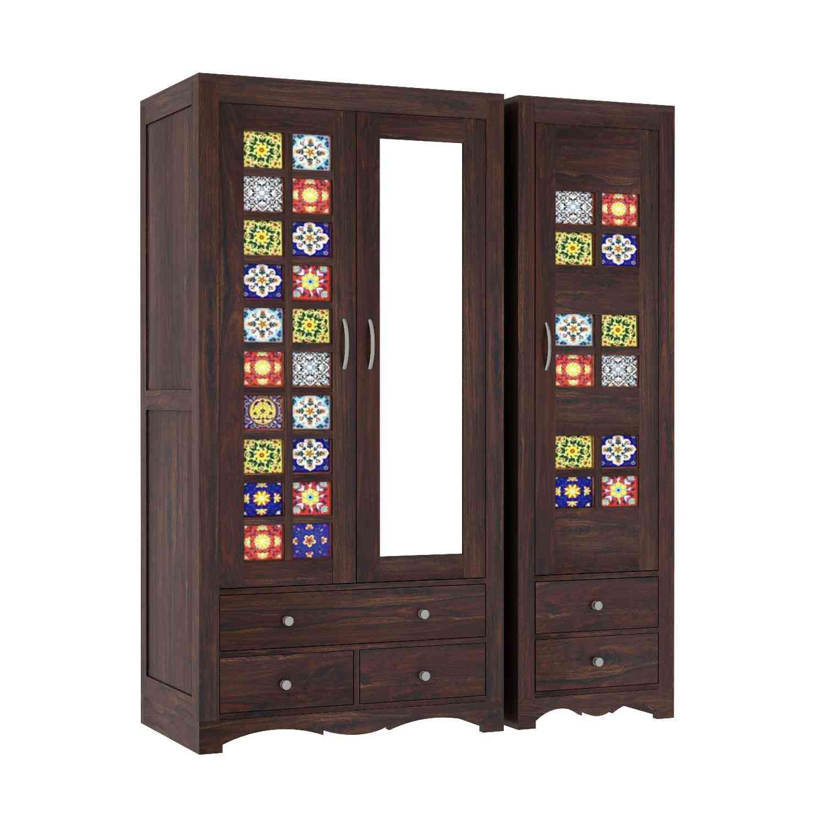 Dotwork Solid Sheesham Wood Wardrobe Set (With Mirror, Walnut Finish)