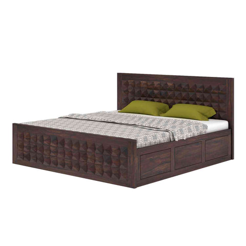 Sofia Solid Sheesham Wood Hydraulic Bed With Box Storage (Queen Size, Walnut Finish)