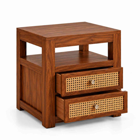 Canejoy Solid Sheesham Wood Bedside Table With 2 Drawers (Natural Finish)
