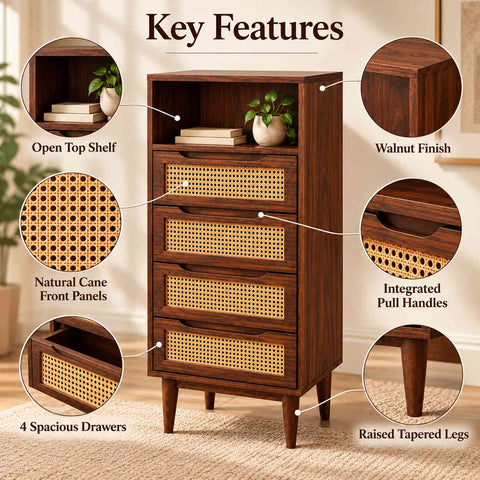 Canejoy Solid Sheesham Wood Chest of Drawers With Open Shelf (Walnut Finish)