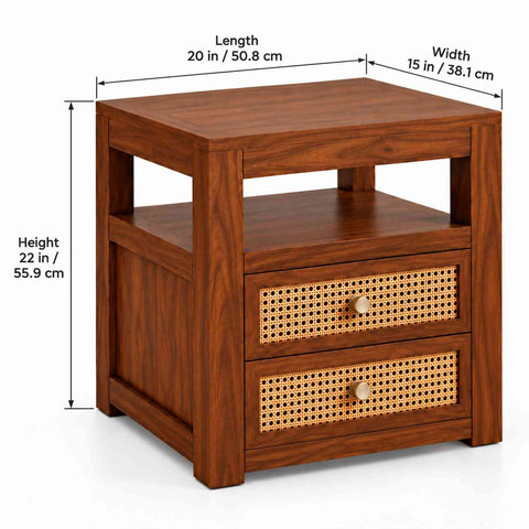 Canejoy Solid Sheesham Wood Bedside Table With 2 Drawers (Natural Finish)