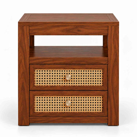 Canejoy Solid Sheesham Wood Bedside Table With 2 Drawers (Natural Finish)