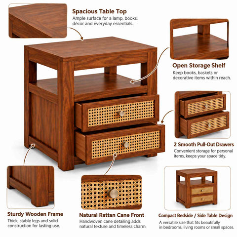 Canejoy Solid Sheesham Wood Bedside Table With 2 Drawers (Natural Finish)