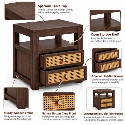 Canejoy Solid Sheesham Wood Bedside Table With 2 Drawers (Walnut Finish)
