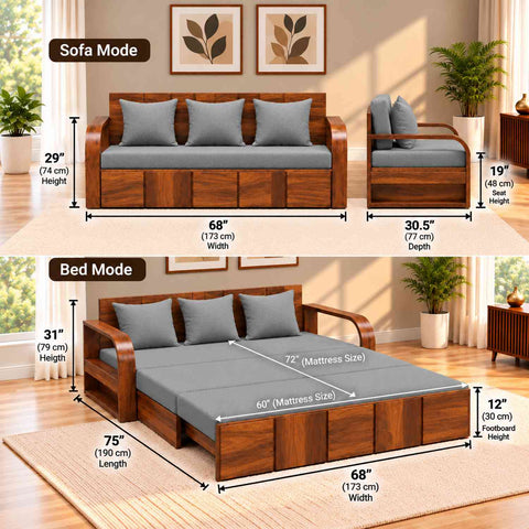 Mobell Solid Sheesham Wood 3 Seater Sofa Cum Bed (Natural Finish, Light Grey)