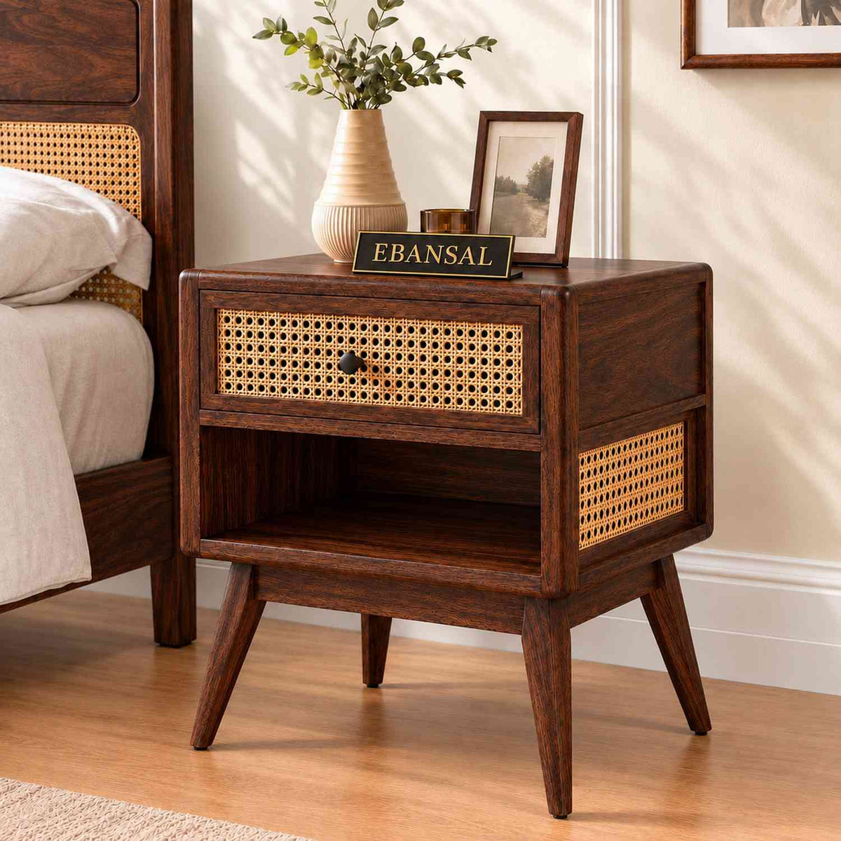 Canejoy Solid Sheesham Wood Bedside Table With 1 Drawer (Walnut Finish)