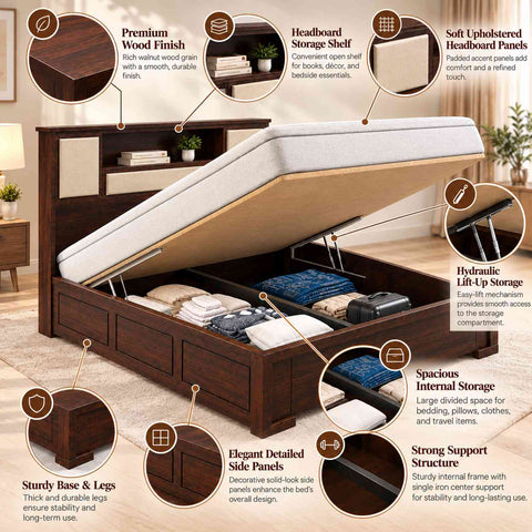 Feelinn Solid Sheesham Wood Hydraulic Bed With Box Storage (King Size, Natural Finish)