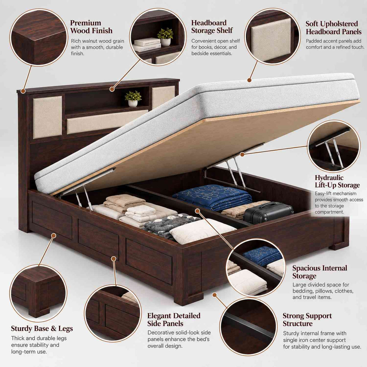 Feelinn Solid Sheesham Wood Hydraulic Bed With Box Storage (King Size, Walnut Finish)