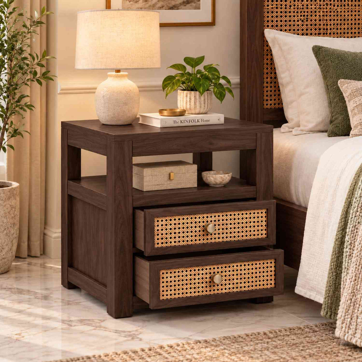 Canejoy Solid Sheesham Wood Bedside Table With 2 Drawers (Walnut Finish)