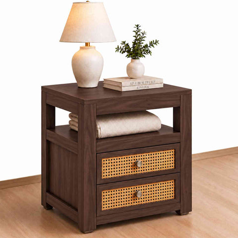 Canejoy Solid Sheesham Wood Bedside Table With 2 Drawers (Walnut Finish)