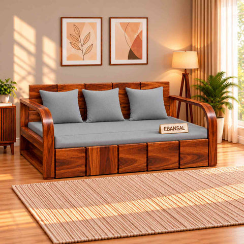 Mobell Solid Sheesham Wood 3 Seater Sofa Cum Bed (Natural Finish, Light Grey)