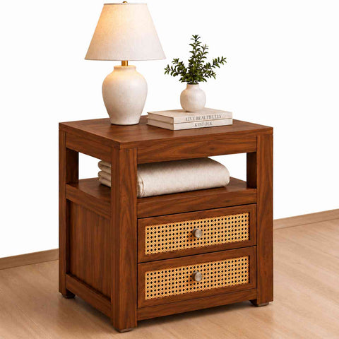 Canejoy Solid Sheesham Wood Bedside Table With 2 Drawers (Natural Finish)