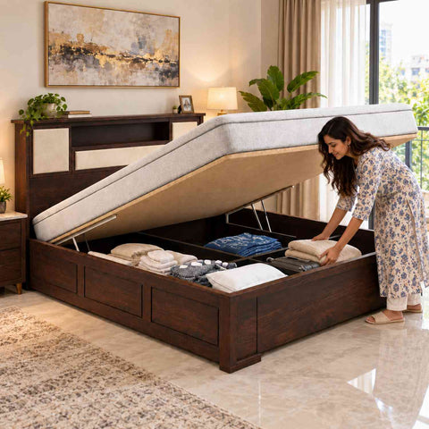 Feelinn Solid Sheesham Wood Hydraulic Bed With Box Storage (King Size, Walnut Finish)
