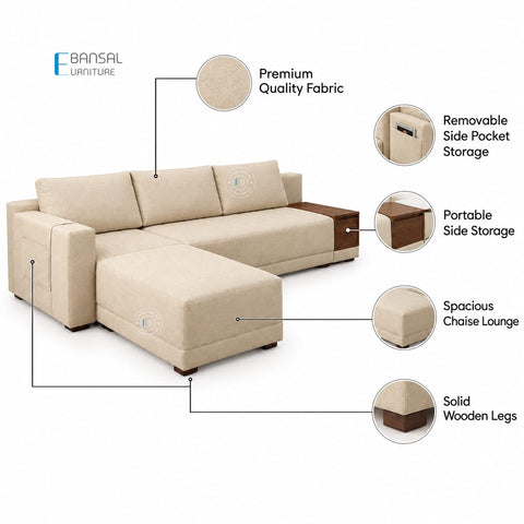 Embrace L Shape 5 Seater Sectional Sofa (Cotton, Jade Ivory)