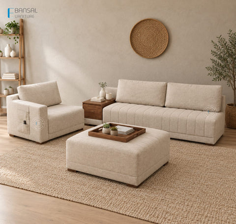Embrace L Shape 5 Seater Sectional Sofa (Cotton, Jade Ivory)