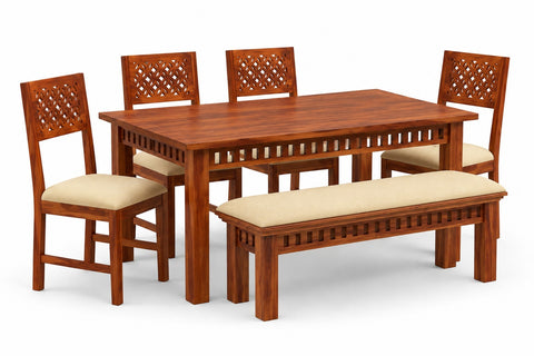 Monstro Solid Sheesham Wood 6 Seater Dining Set With Bench (With Cushion, Natural Finish)