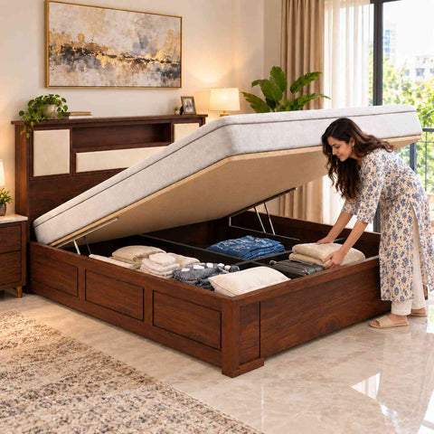 Feelinn Solid Sheesham Wood Hydraulic Bed With Box Storage (King Size, Natural Finish)
