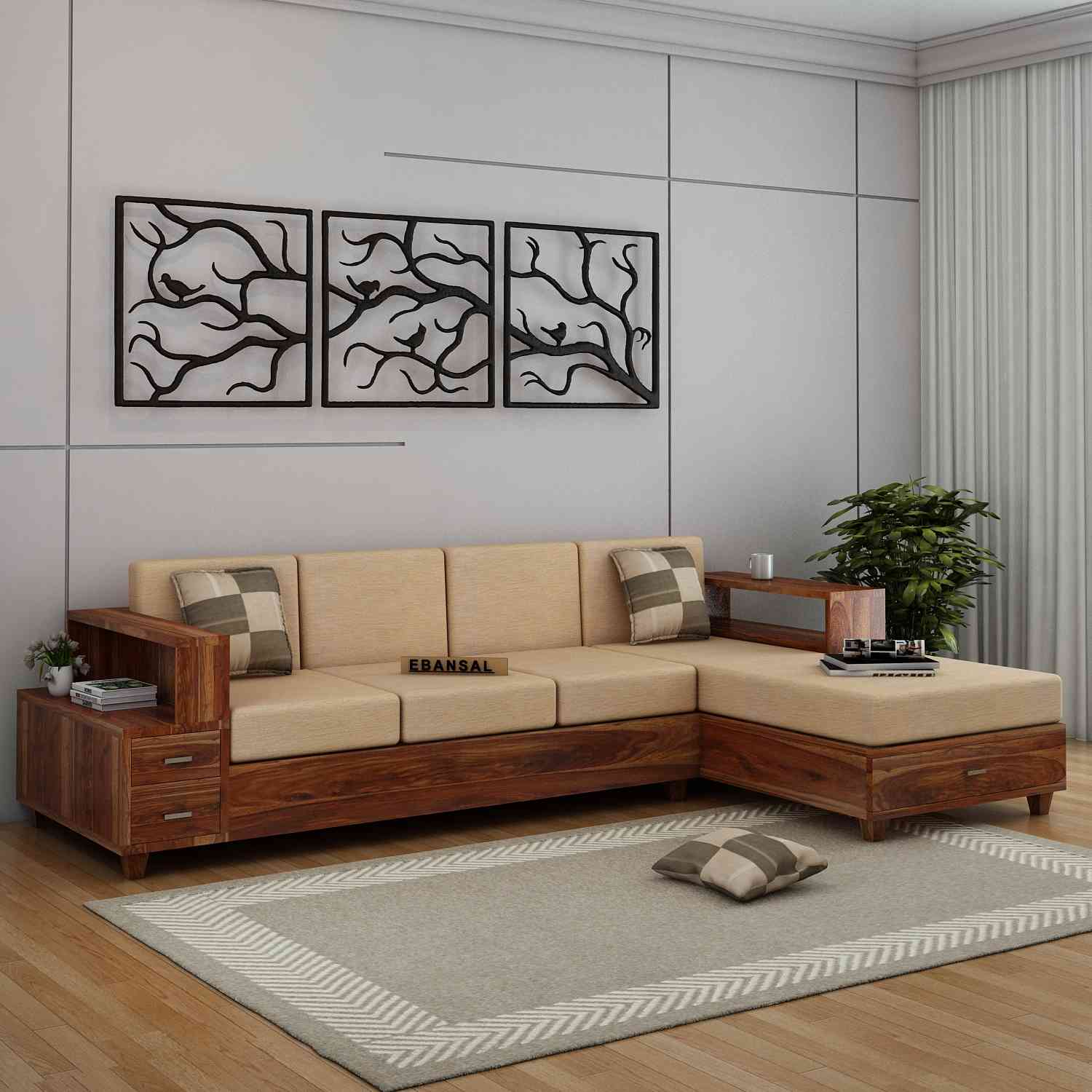Woodora Solid Sheesham Wood 4 Seater L Shape Sofa (Natural Finish)