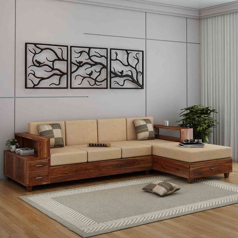 Woodora Solid Sheesham Wood 4 Seater L Shape Sofa (Natural Finish)