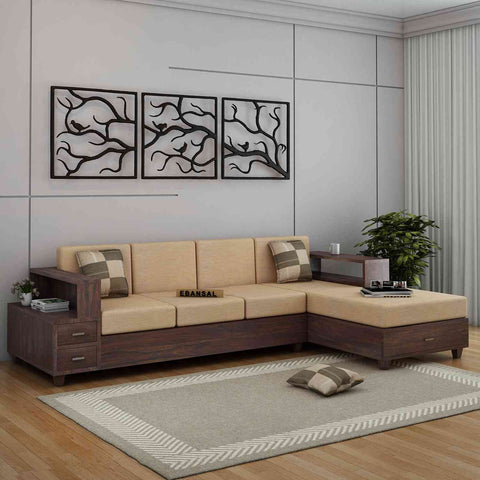Woodora Solid Sheesham Wood 4 Seater L Shape Sofa (Walnut Finish)