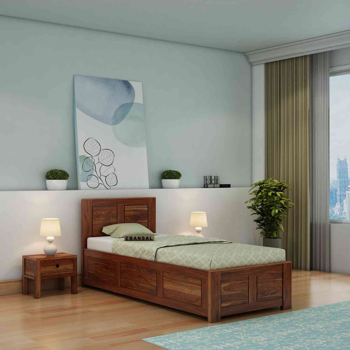 Woodwing Solid Sheesham Wood Single Bed With Box Storage (Natural Finish)