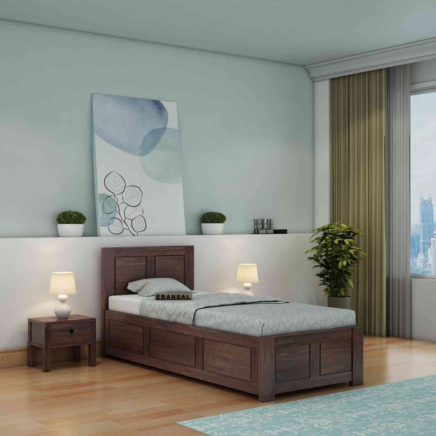 Woodwing Solid Sheesham Wood Single Bed With Box Storage (Walnut Finish)