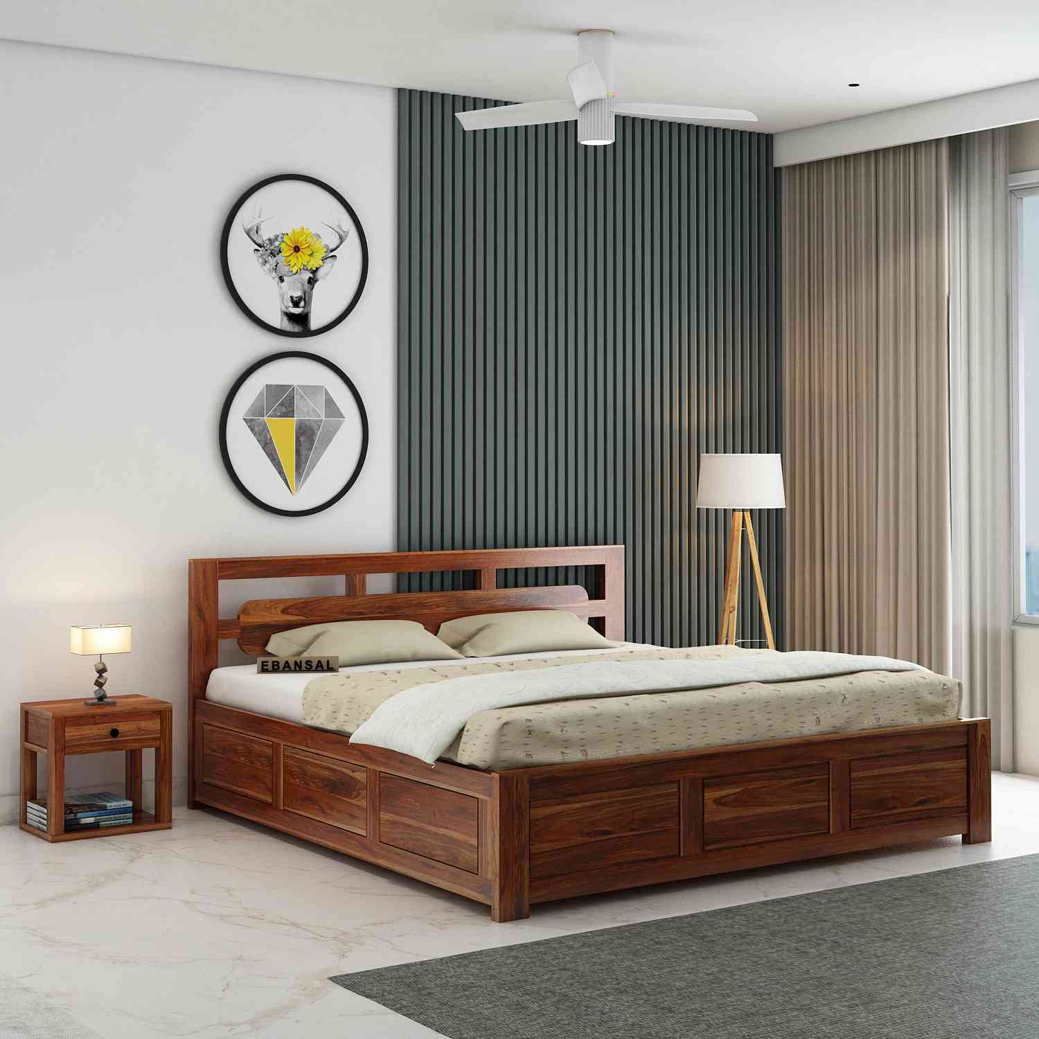 Zigzag Solid Sheesham Wood Bed With Box Storage (King Size, Natural Finish)