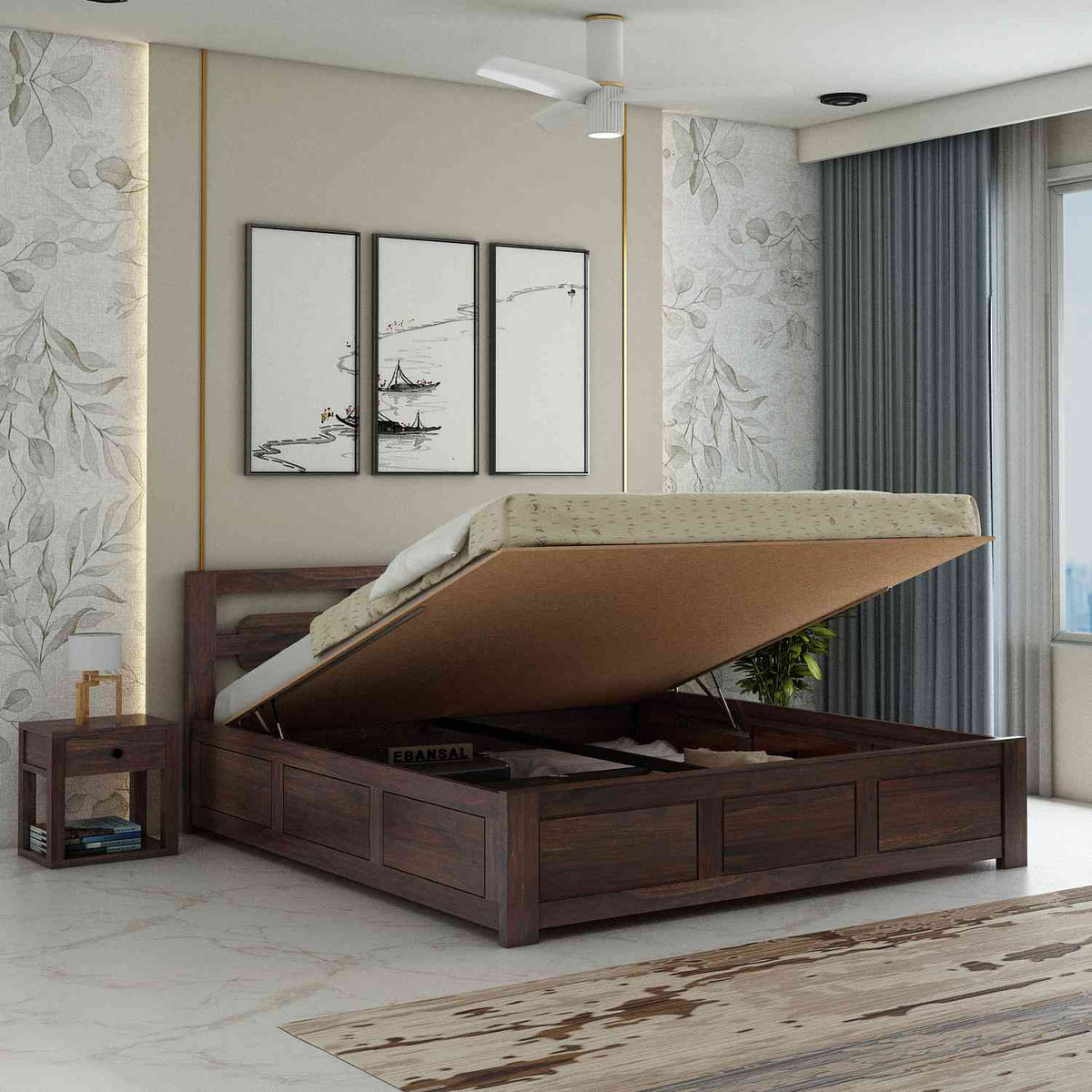 Zigzag Solid Sheesham Wood Hydraulic Bed With Box Storage (Queen Size, Walnut Finish)