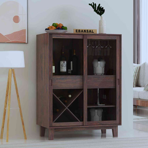 Befree Solid Sheesham Wood Bar Cabinet With Sliding Doors (Walnut Finish)