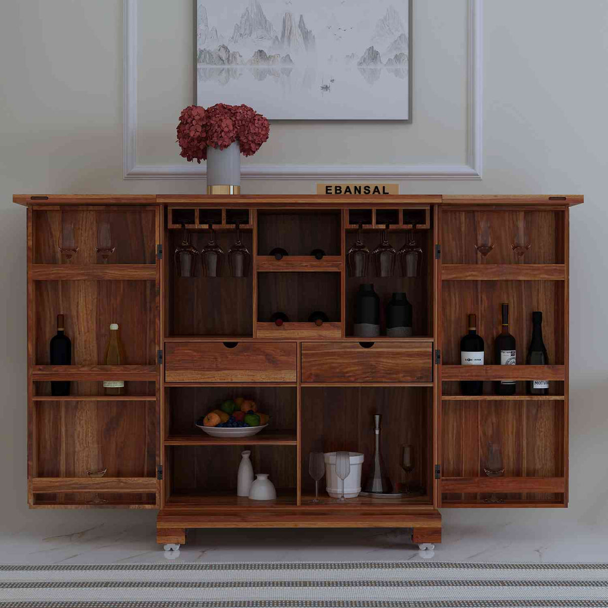 Due Solid Sheesham Wood Bar Cabinet (Natural Finish)