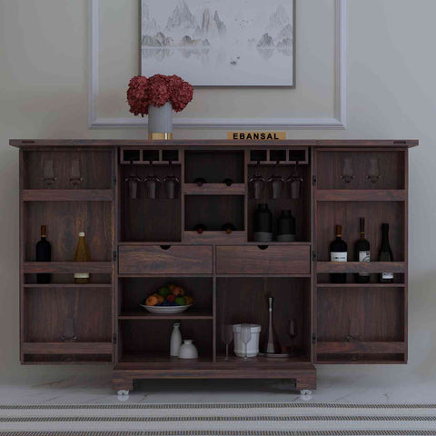 Due Solid Sheesham Wood Bar Cabinet (Walnut Finish)