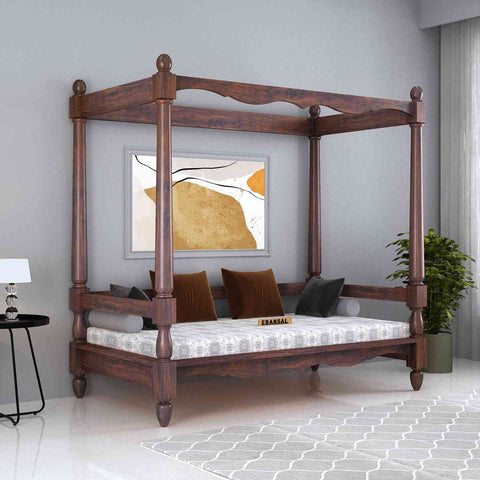 Revista Solid Sheesham Wood Poster Divan (With Mattress, Walnut Finish)