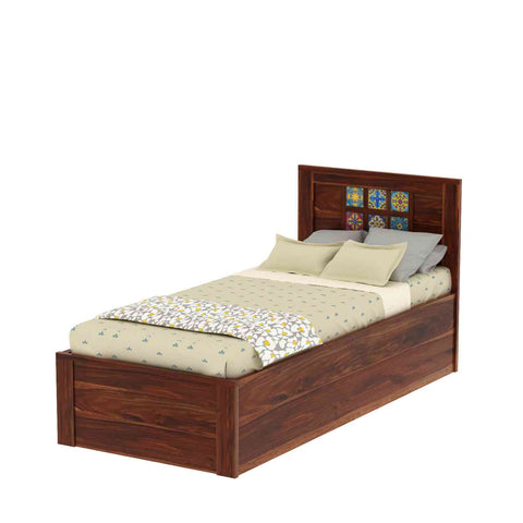 Dotwork Solid Sheesham Wood Single Bed With Box Storage (Natural Finish)
