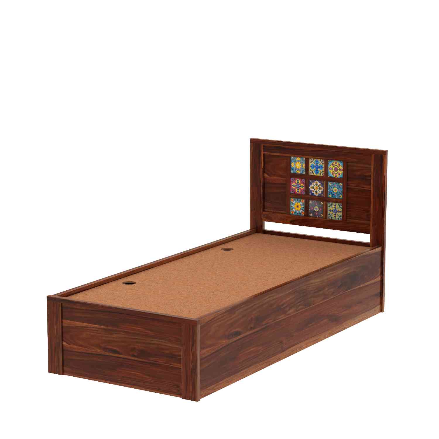 Dotwork Solid Sheesham Wood Single Bed With Box Storage (Natural Finish)