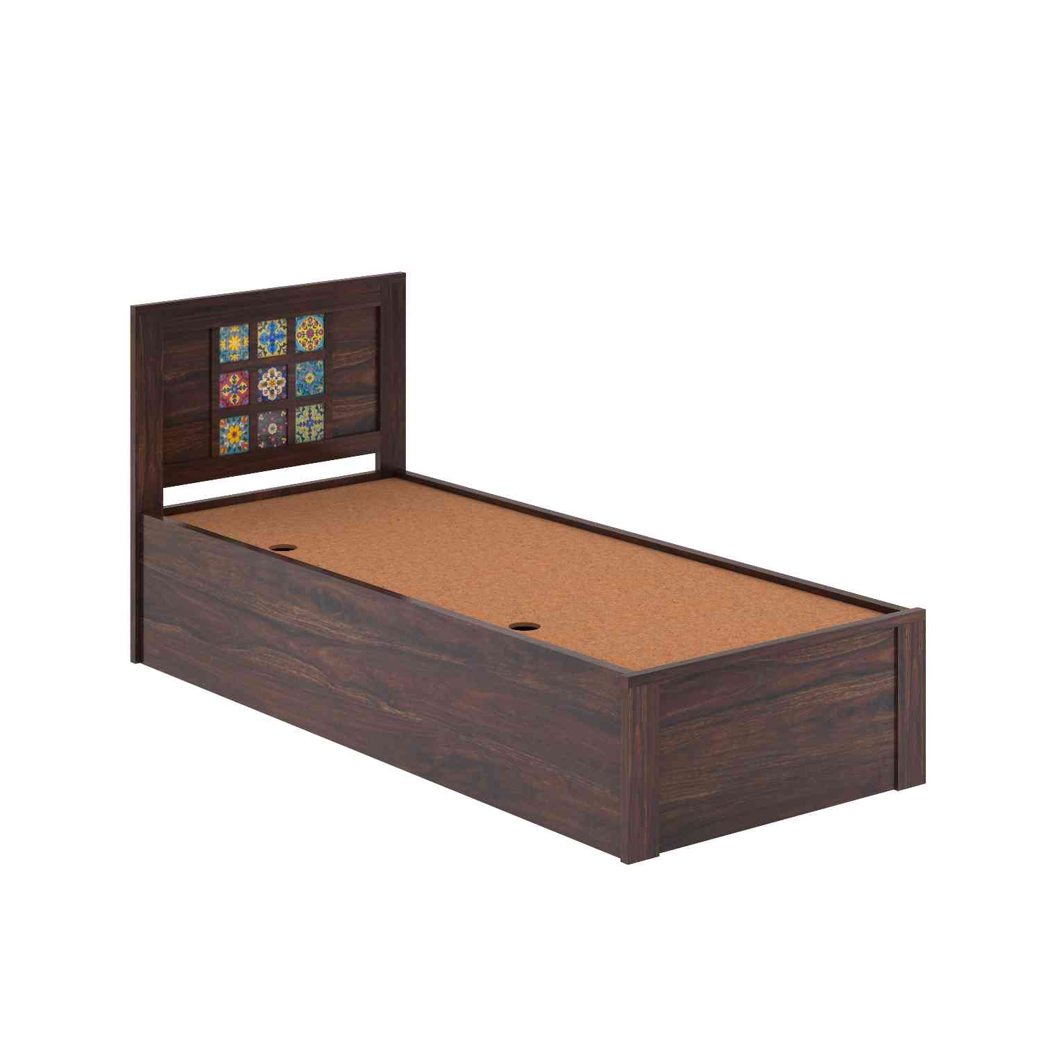 Dotwork Solid Sheesham Wood Single Bed With Box Storage (Walnut Finish)