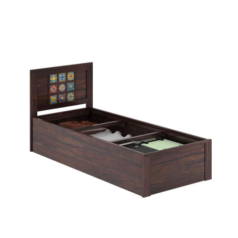 Dotwork Solid Sheesham Wood Single Bed With Box Storage (Walnut Finish)