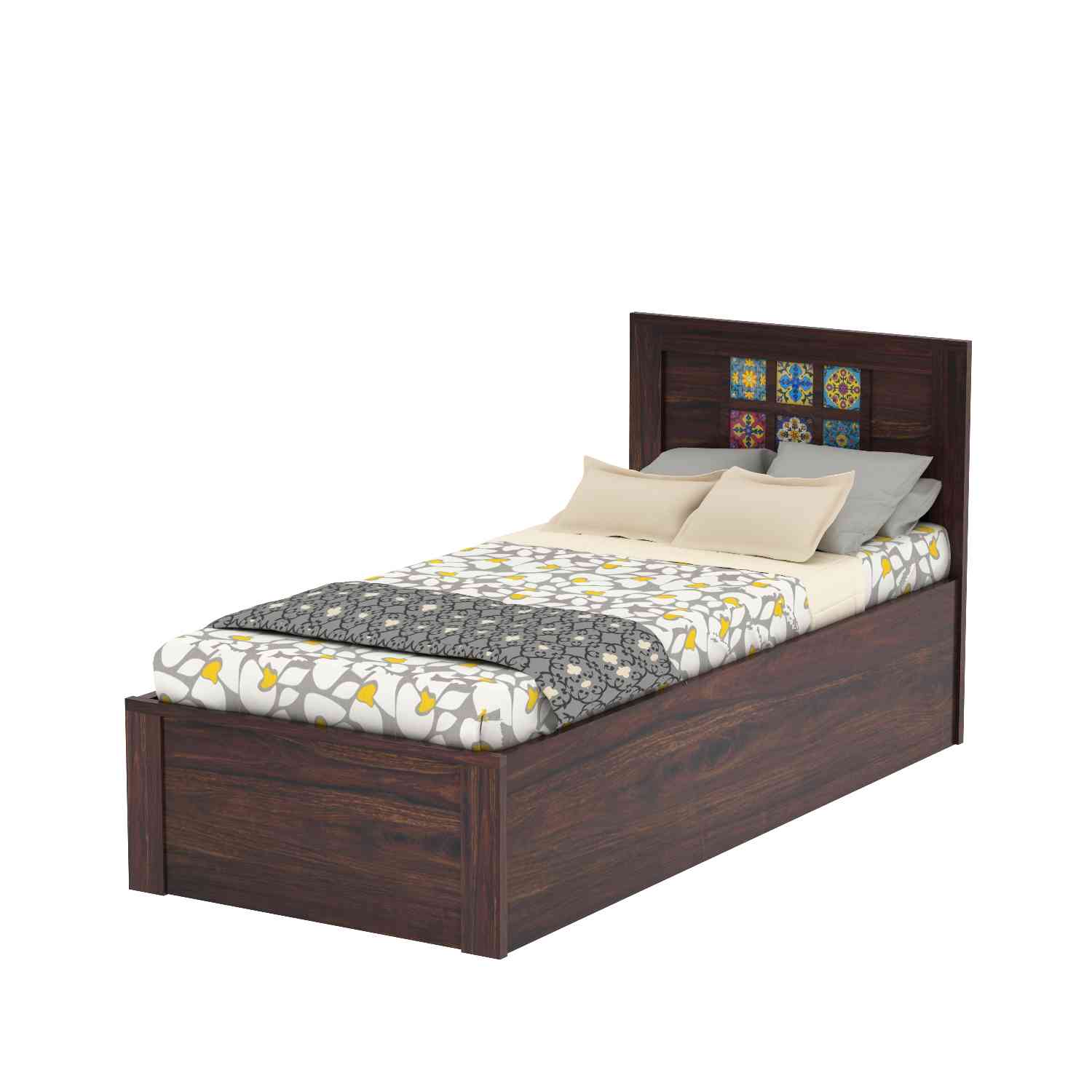 Dotwork Solid Sheesham Wood Single Bed With Box Storage (Walnut Finish)