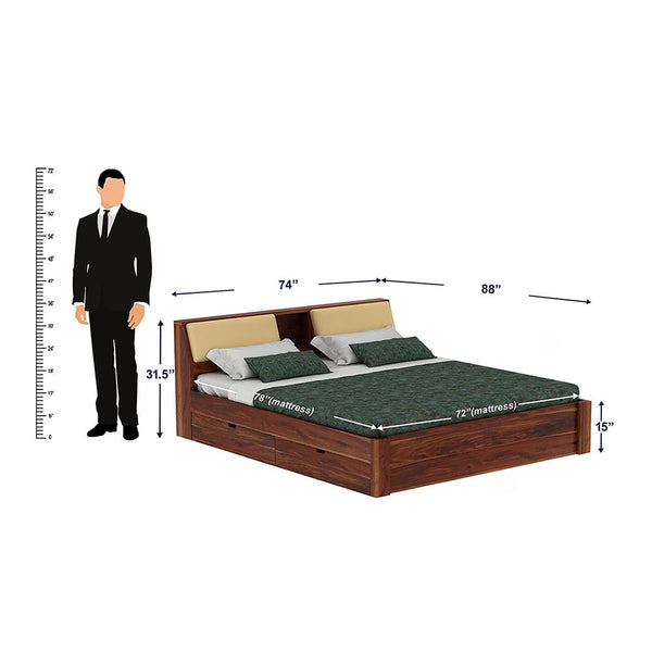 Rubikk Solid Sheesham Wood Bed With Four Drawers (King Size, Natural Finish)
